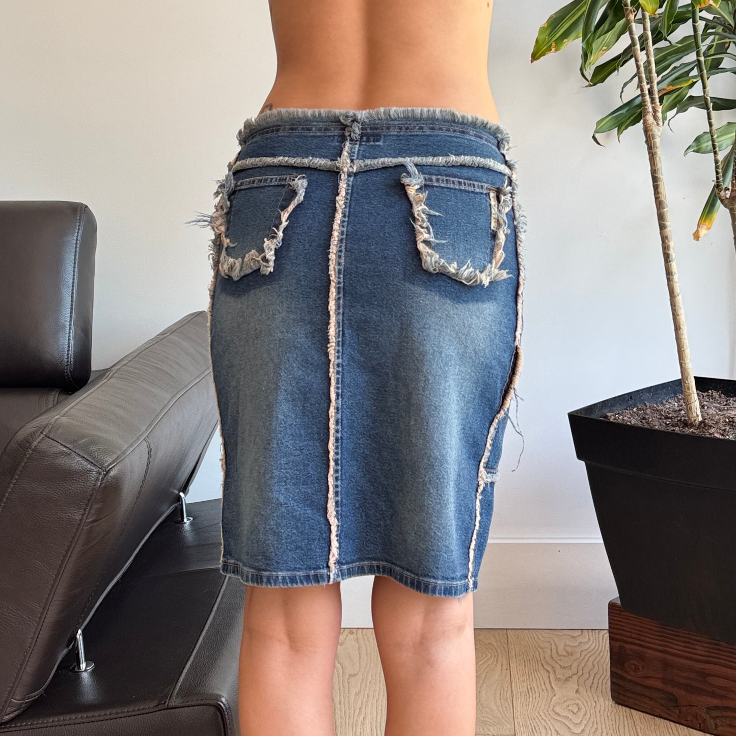 Blue Unique Textured Denim Midi Skirt