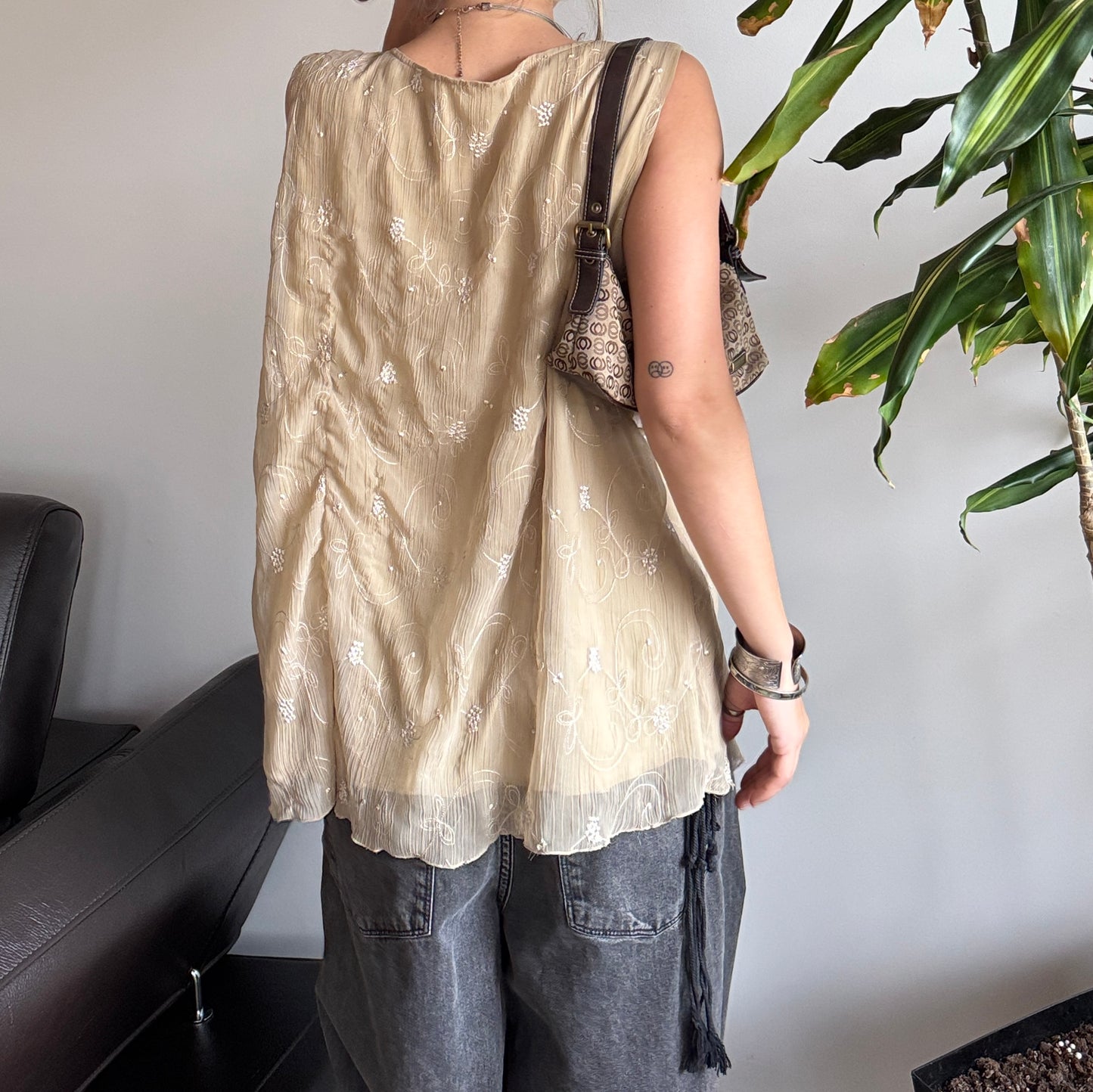 Beige Embroidered Mesh Layered Top
