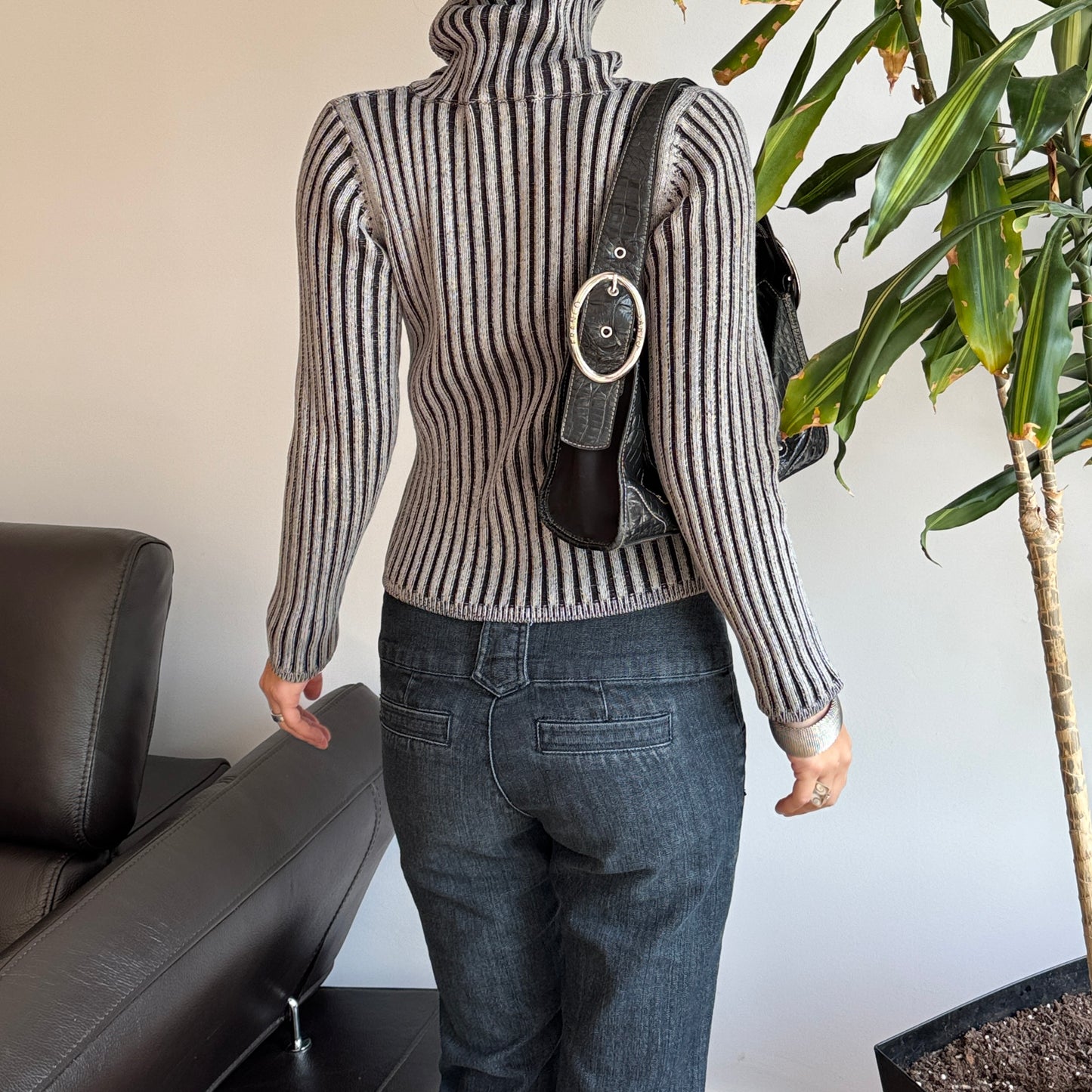 Grey Striped Turtleneck Sweater