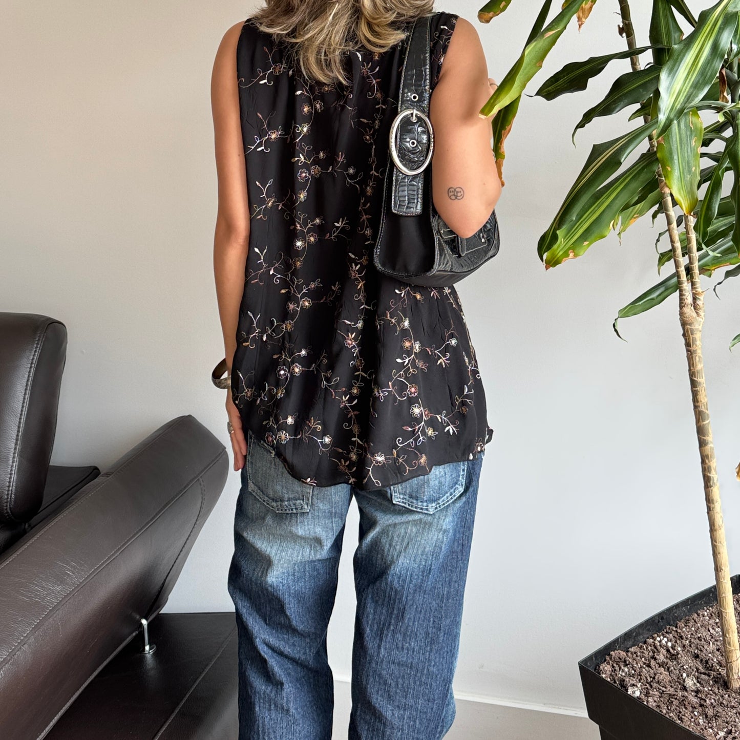 Black Embroidered Floral Top