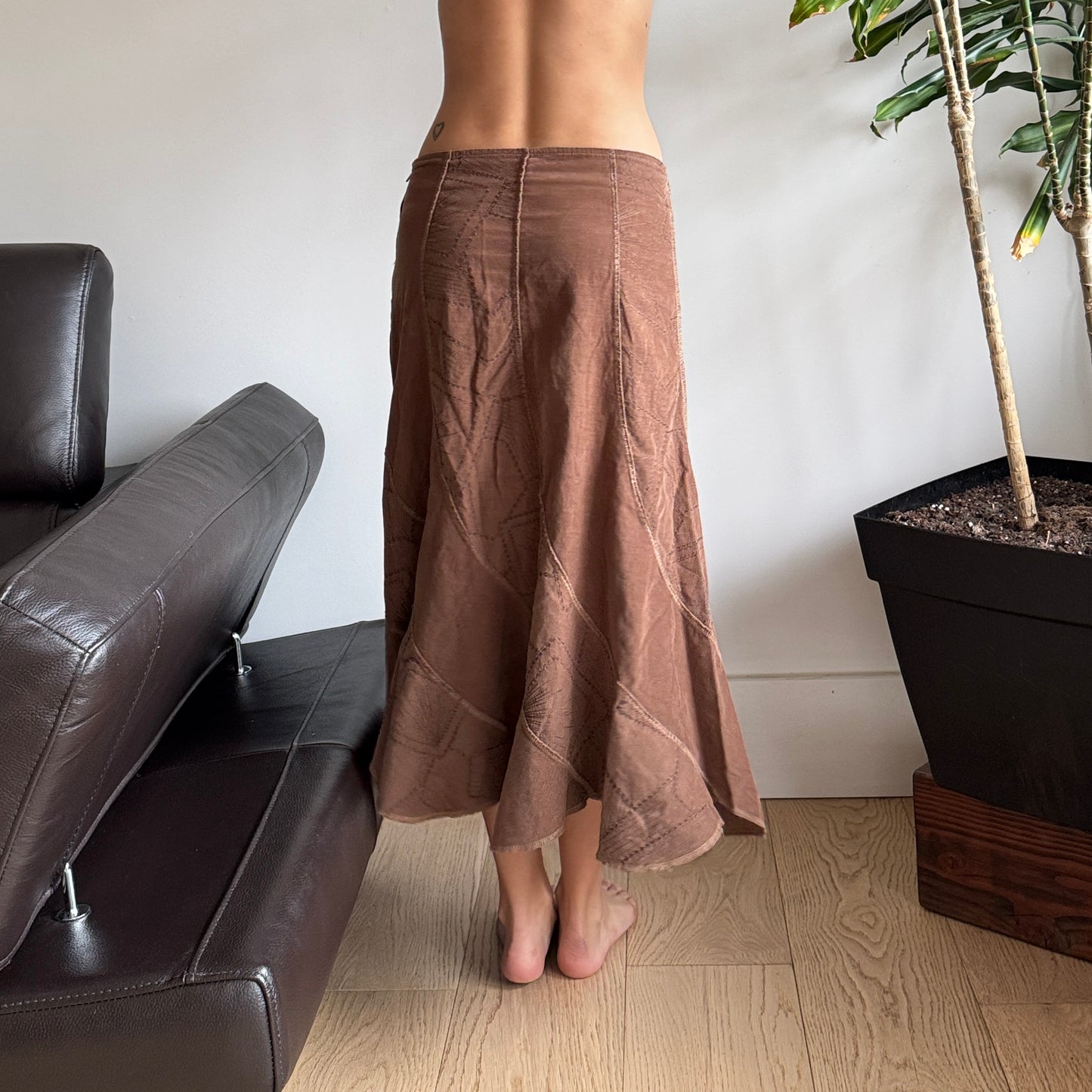 Brown Embroidered Corduroy Skirt