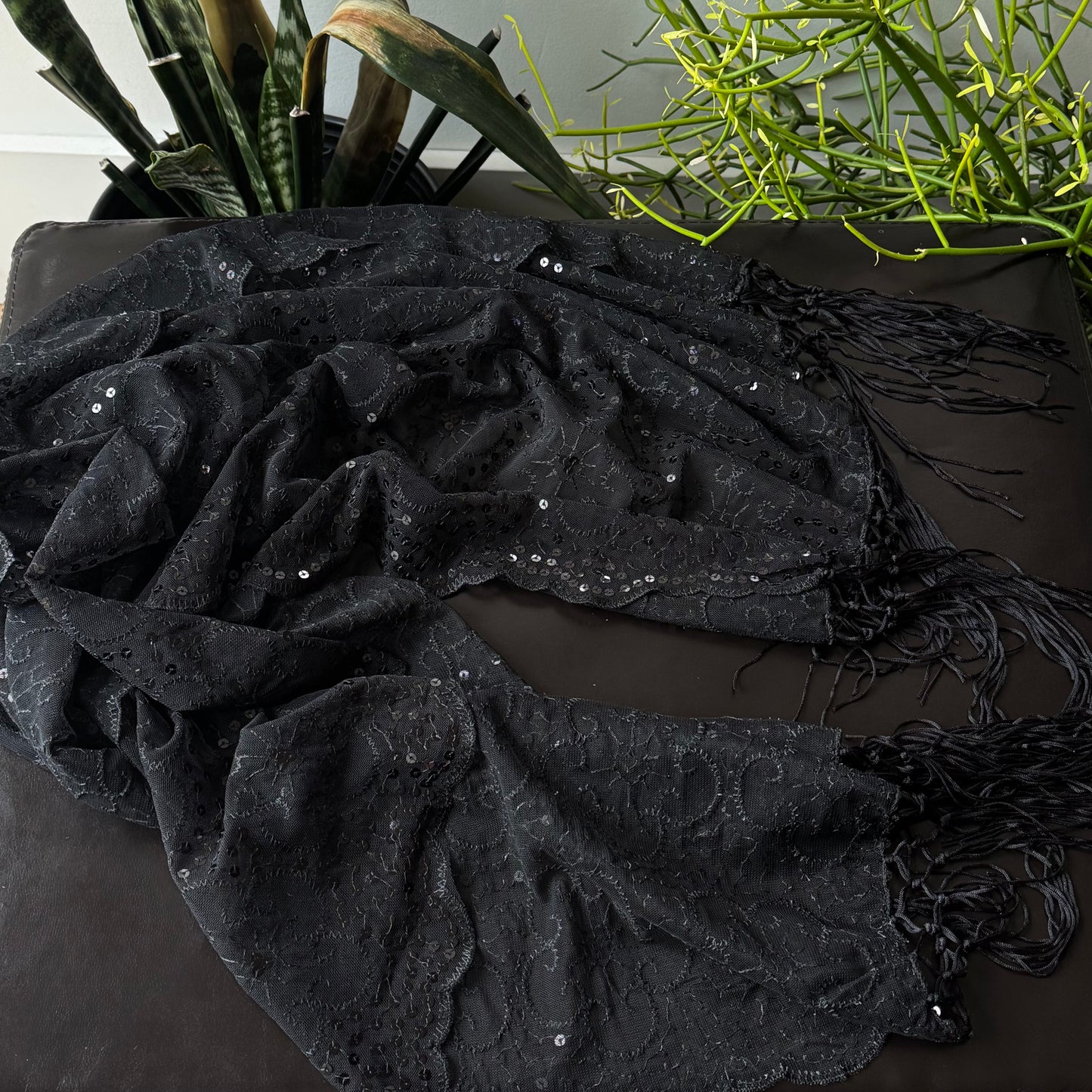 Black Floral Embroidered Sequin Fringe Scarf