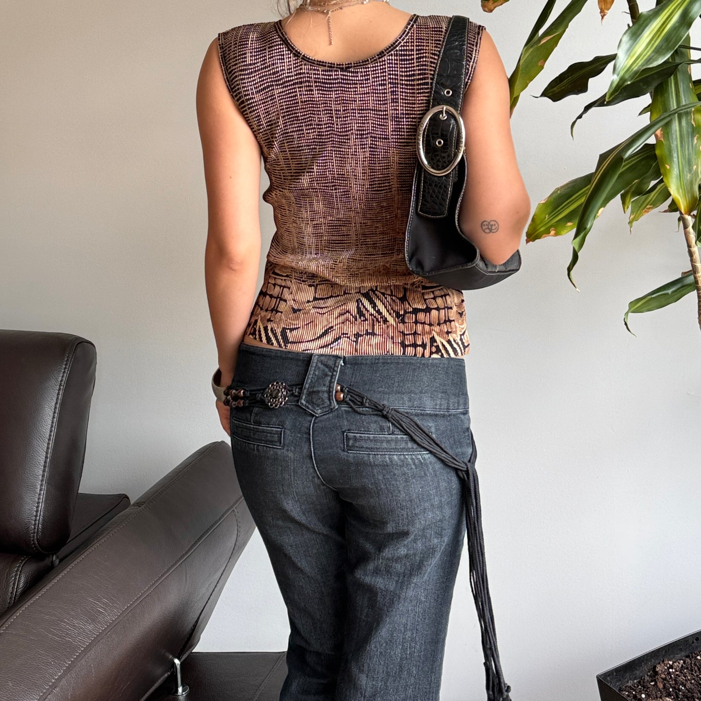 Brown & Black Wooden Detailed High Neck Top