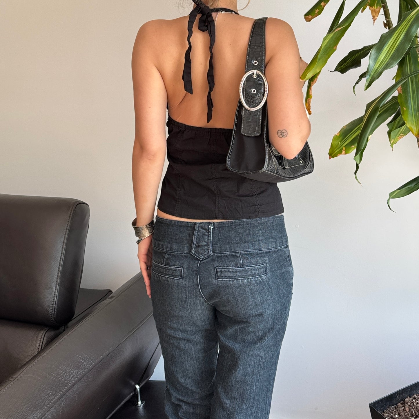Black Buckle Zip-Up Halter Top