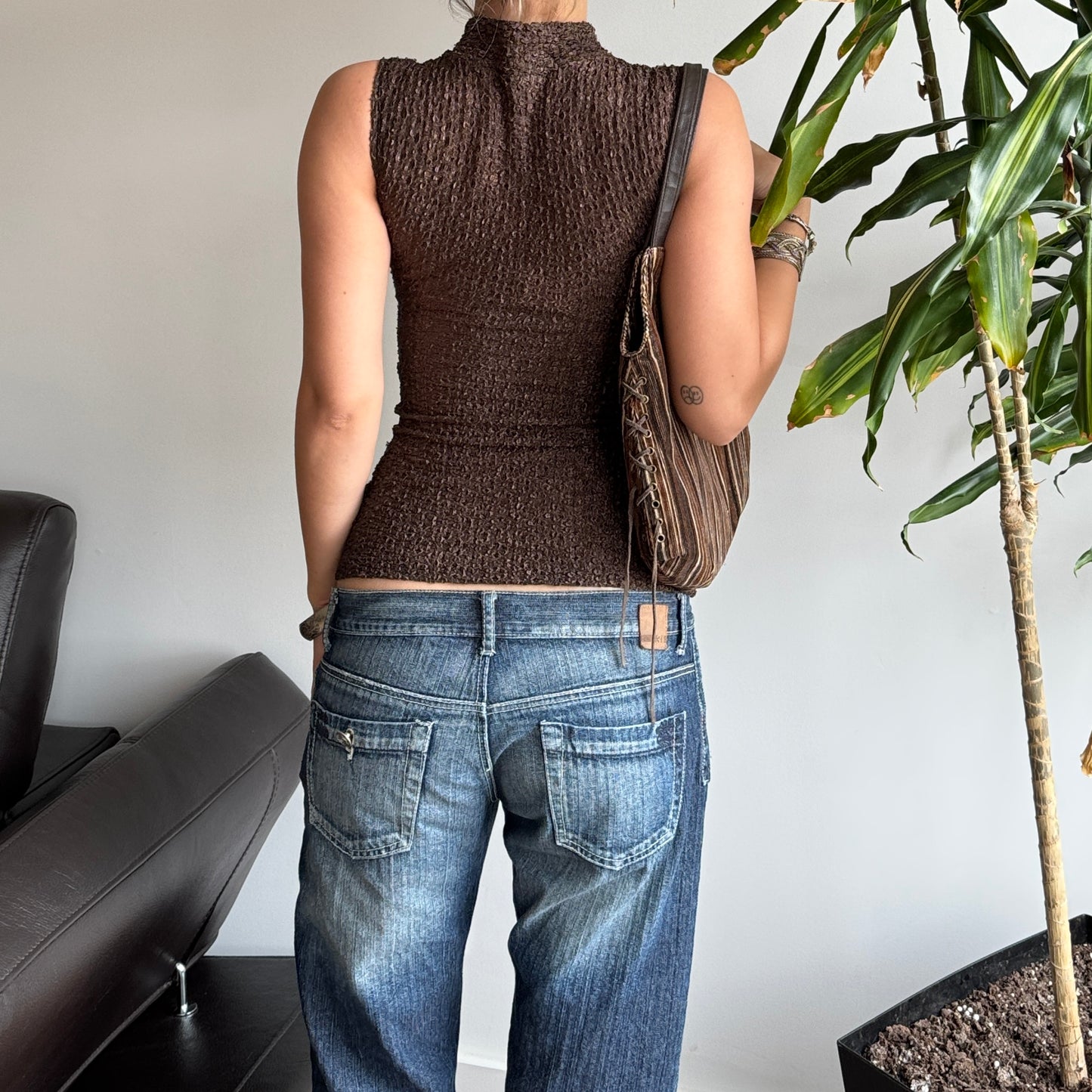 Brown Fitted High Neck Textured Top