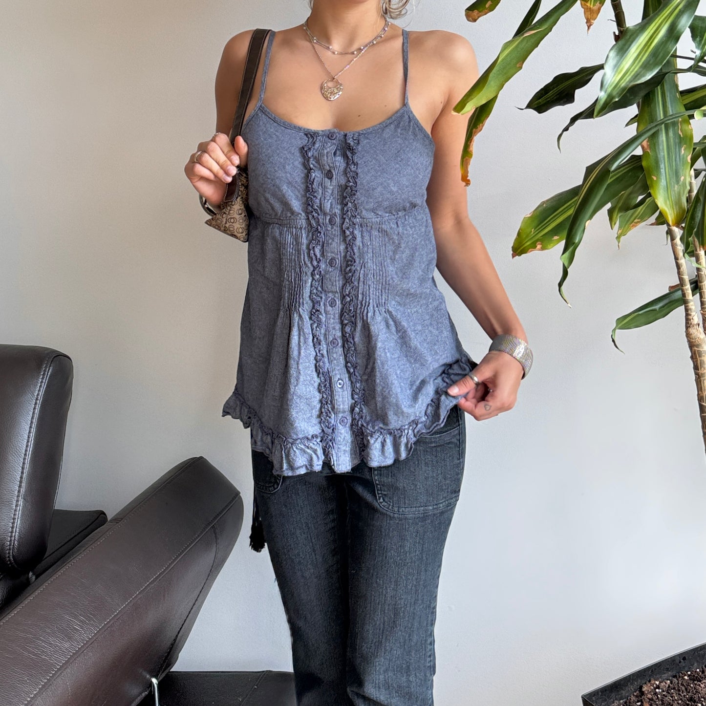 Blue Denim-Like Ruffle Top