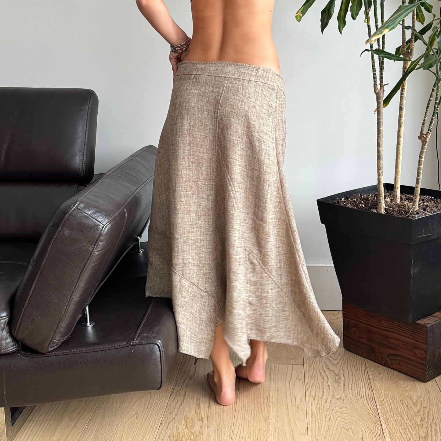 Beige Asymmetrical Maxi Skirt with Buttons