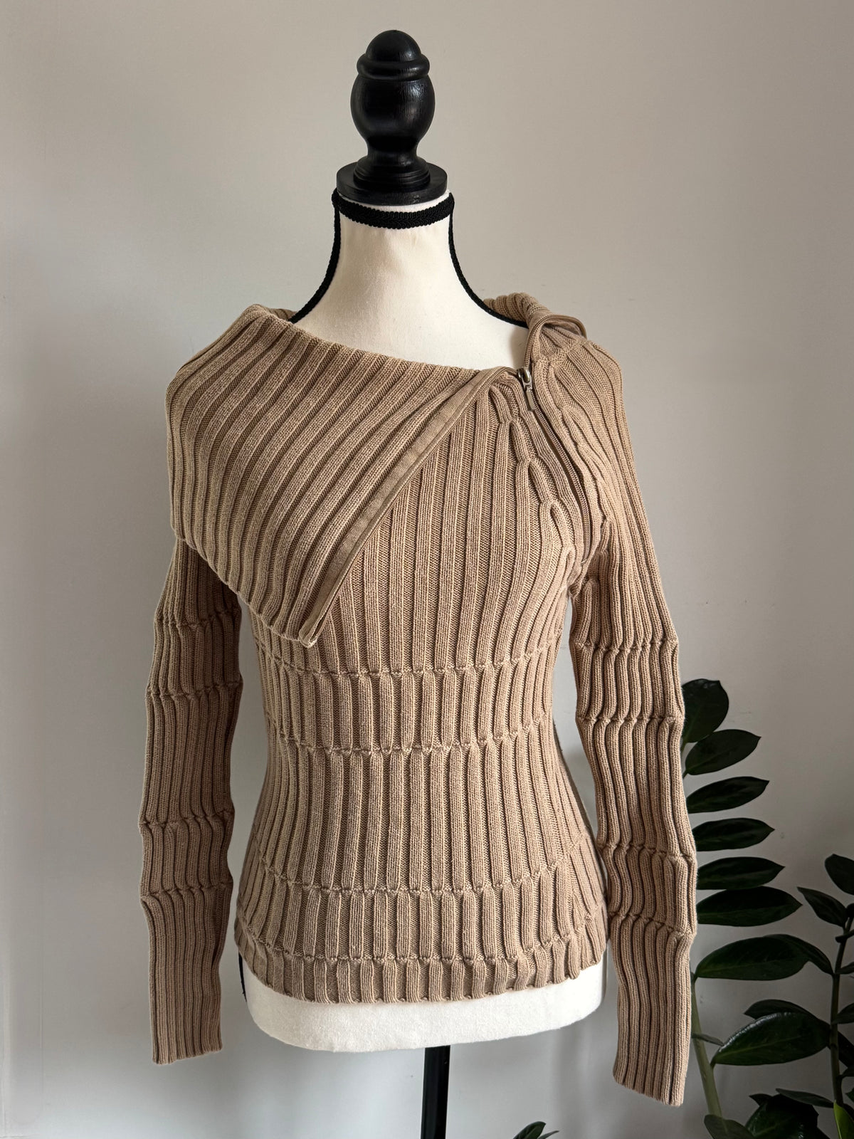 Beige Zip-Up Off The Shoulder Thrifted Sweather