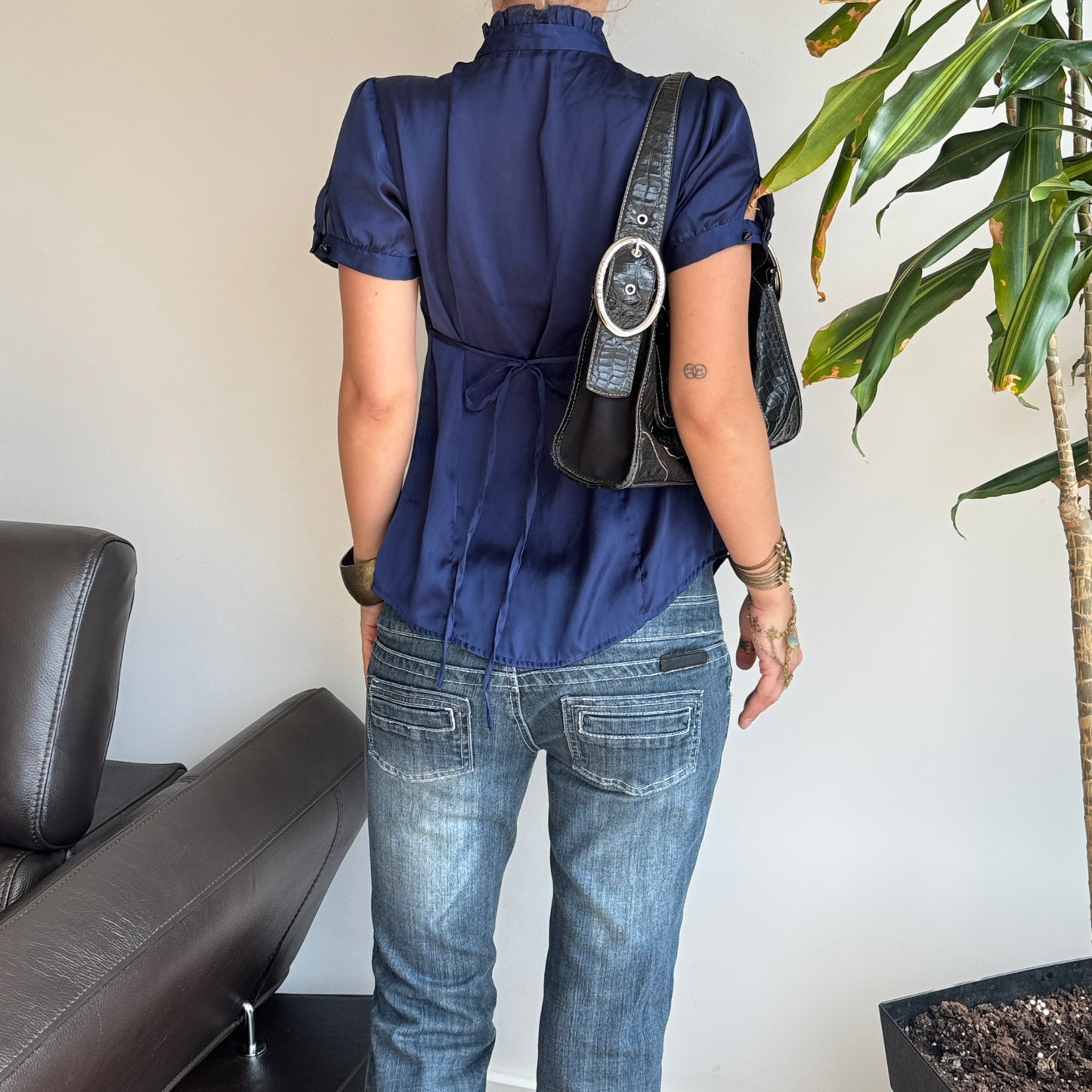 Navy Satin Tie-Up Blouse