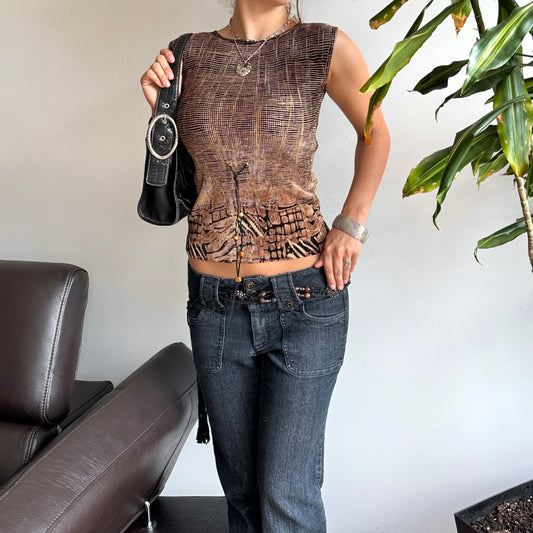 Brown & Black Wooden Detailed High Neck Top