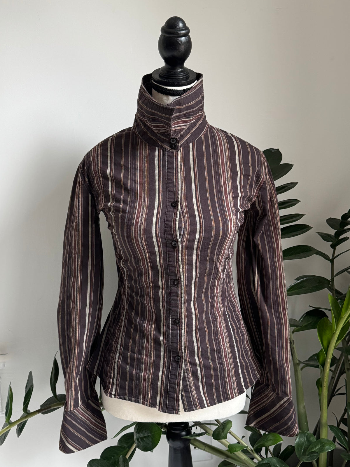 Brown Striped Button-Up Reworked Blouse