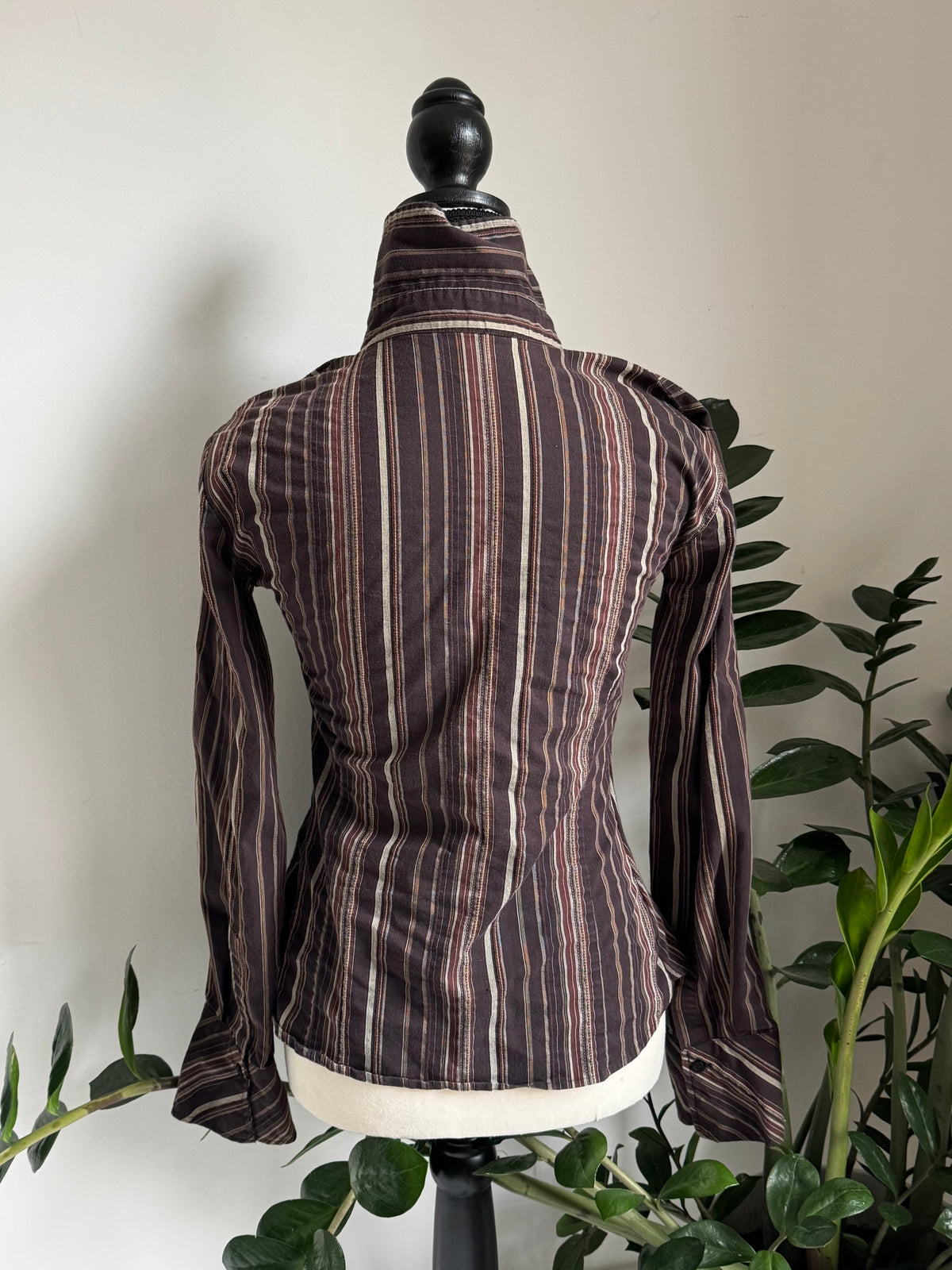 Brown Striped Button-Up Reworked Blouse