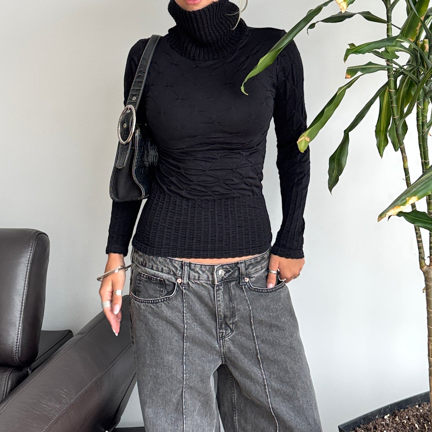 Black Fitted Turtleneck Top