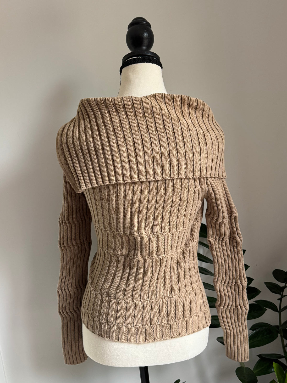 Beige Zip-Up Off The Shoulder Thrifted Sweather