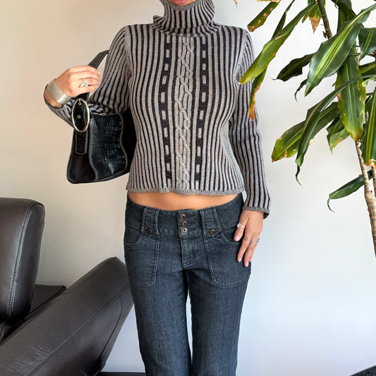 Grey Striped Turtleneck Sweater