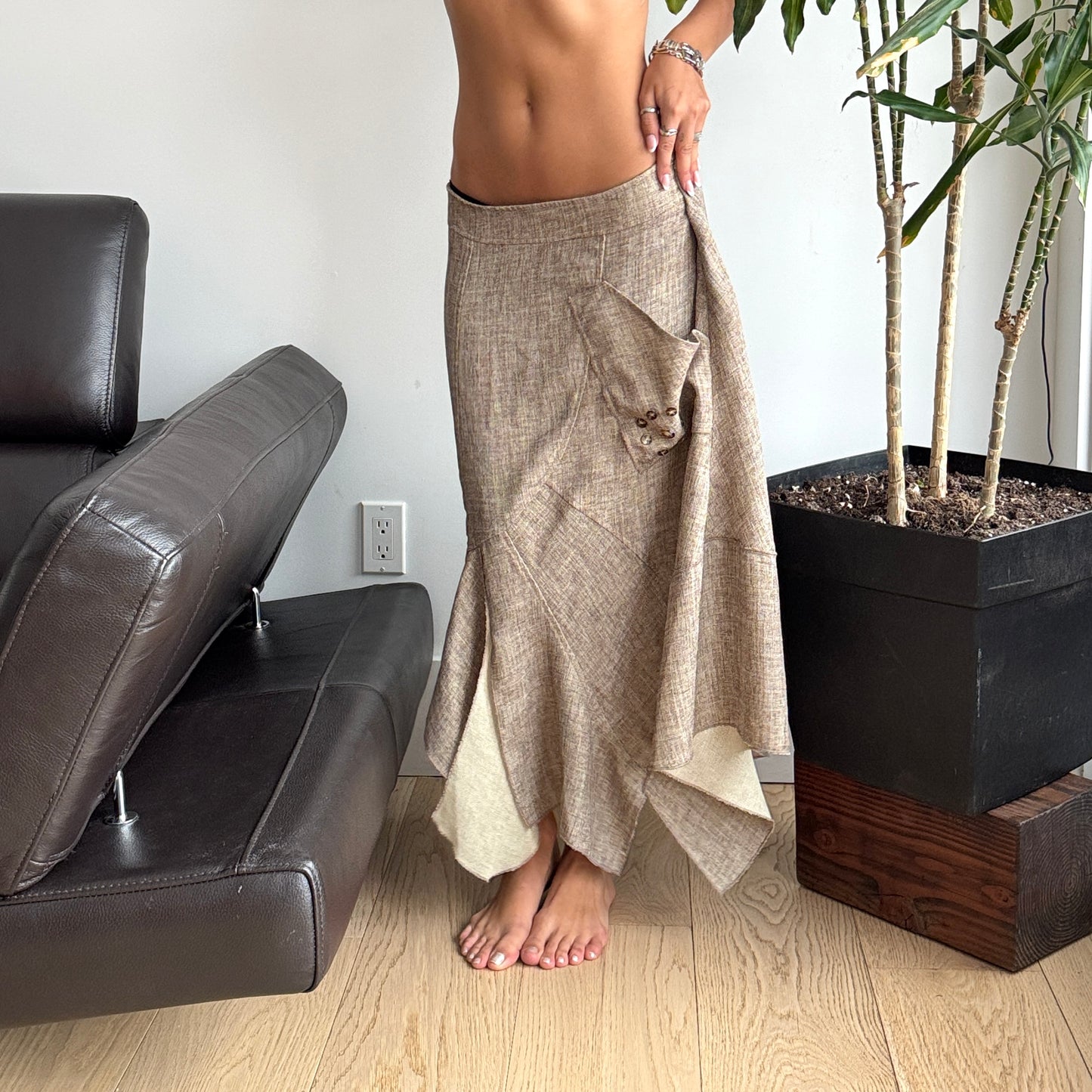 Beige Asymmetrical Maxi Skirt with Buttons