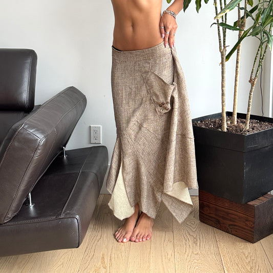 Beige Asymmetrical Maxi Skirt with Buttons