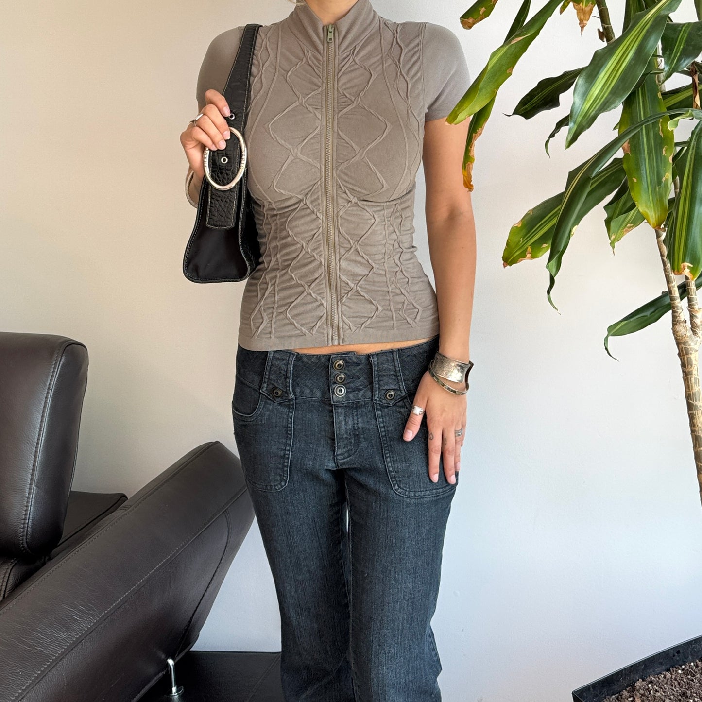 Khaki Zip-Up Fitted Top