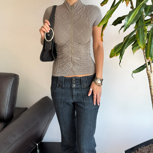 Khaki Zip-Up Fitted Top