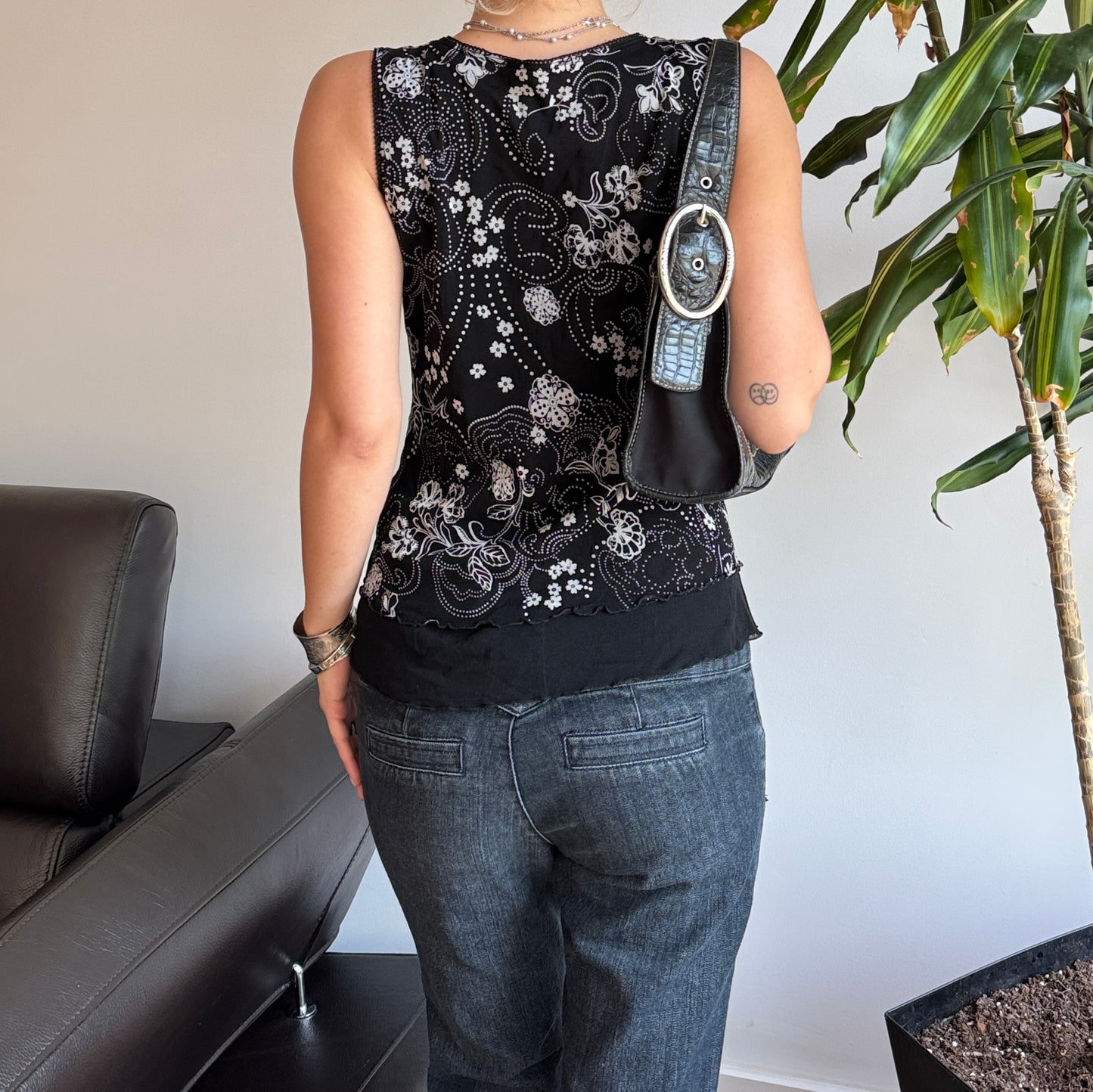 B&W Floral Lace-Up Front Top