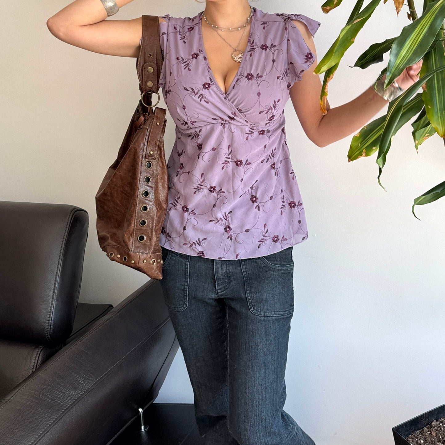 Purple Floral Tie-Up Mesh Layered Top