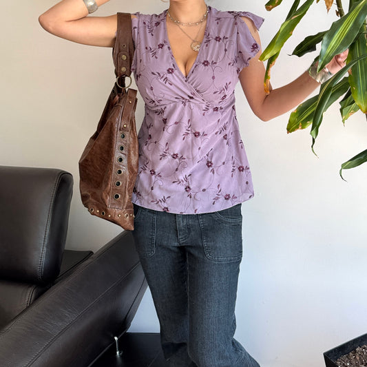 Purple Floral Tie-Up Mesh Layered Top