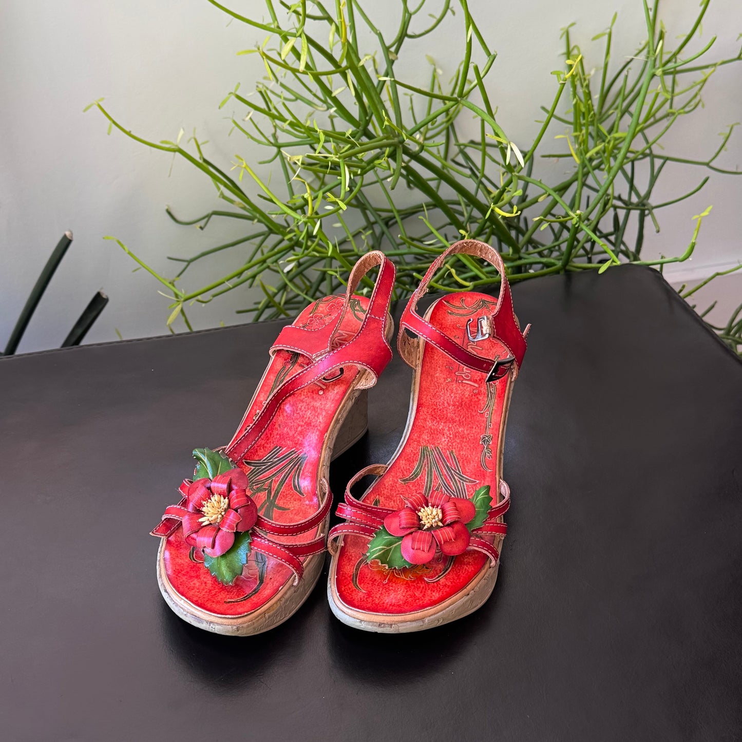 Red Floral Genuine Leather Heeled Sandals
