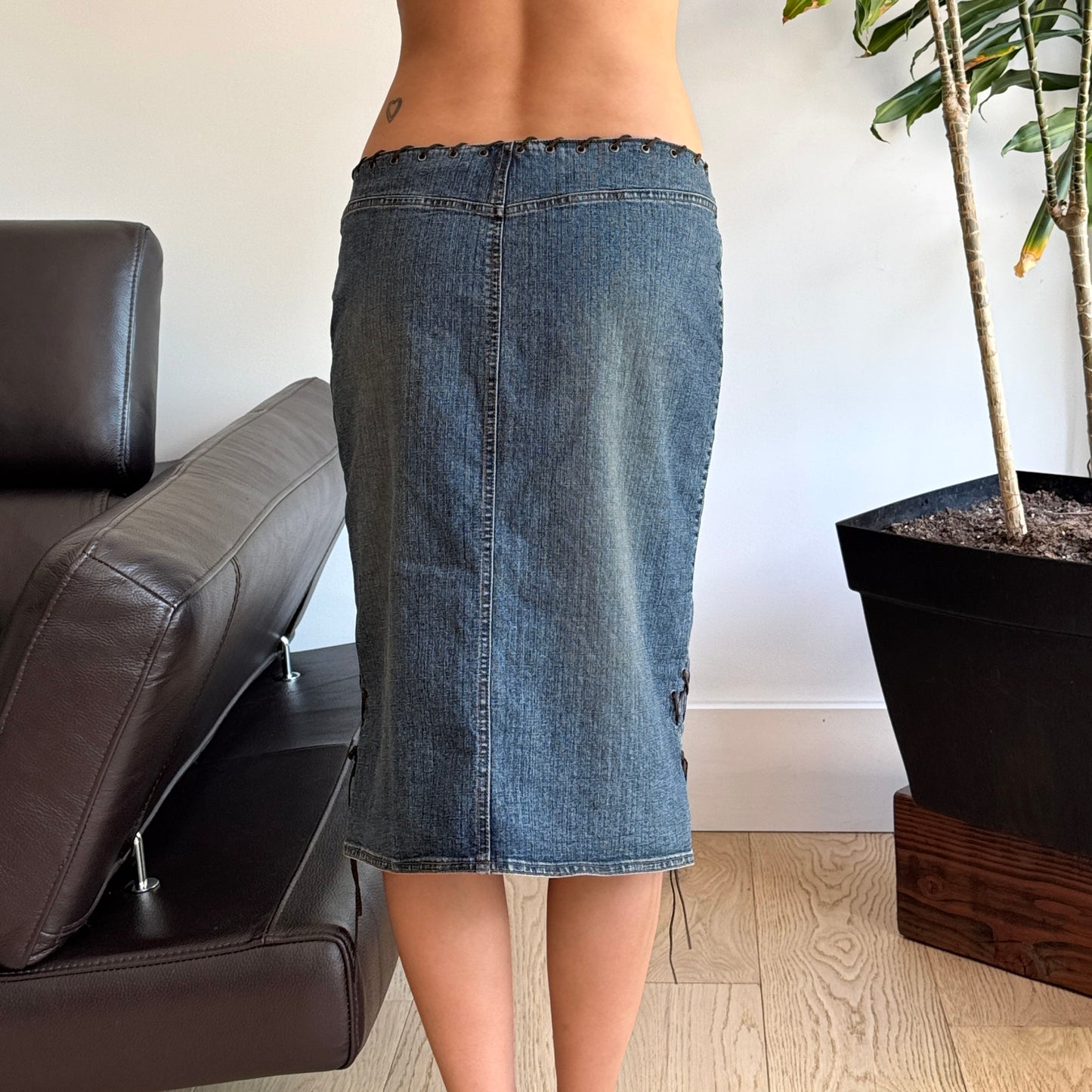 Blue Denim Lace-Up Midi Skirt