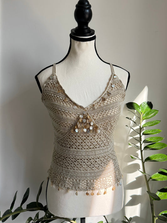 Beige Crochet Shell Beaded Reworked Top