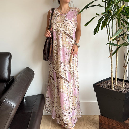 Pink & Beige Sequin Mesh Layered Dress