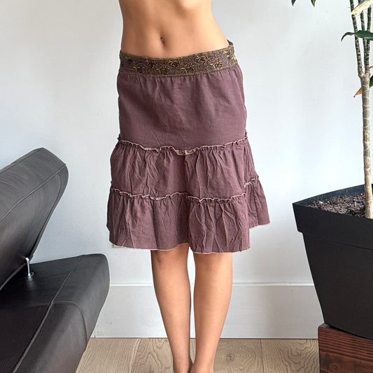 Brown Beaded Midi Skirt