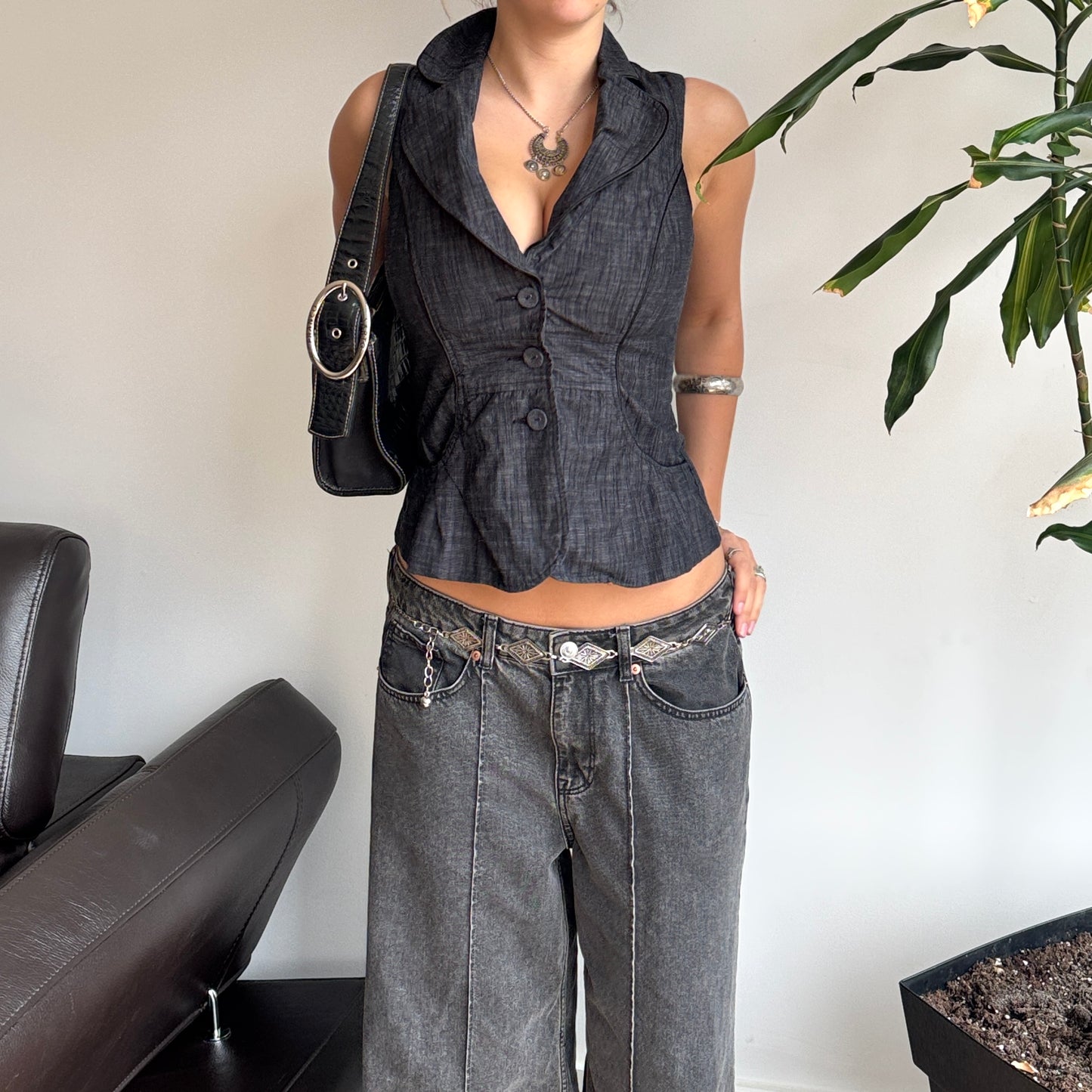Dark Grey Button-Up Top