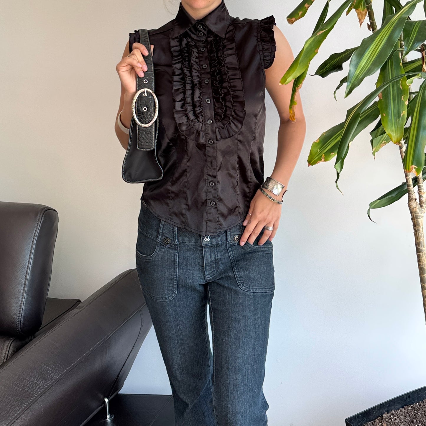 Black Satin High Neck Ruffle Top