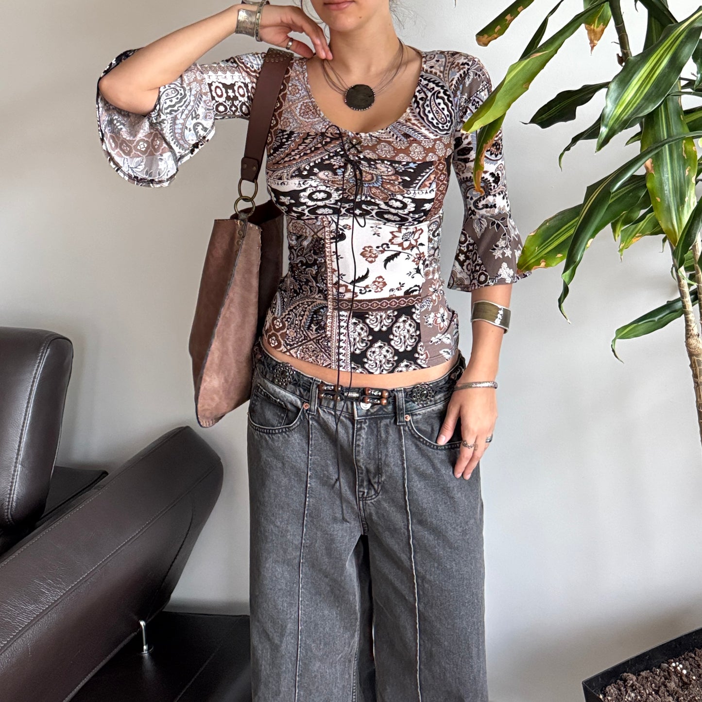 Brown & Black Bell Sleeve Top