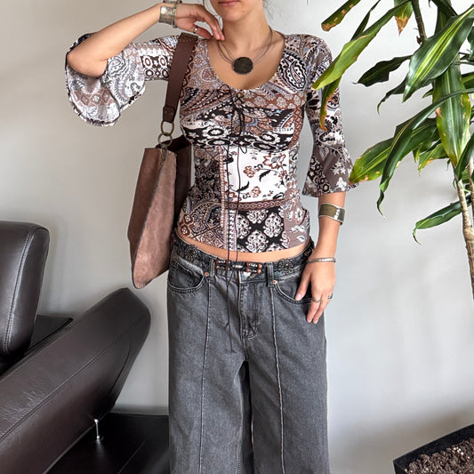 Brown & Black Bell Sleeve Top