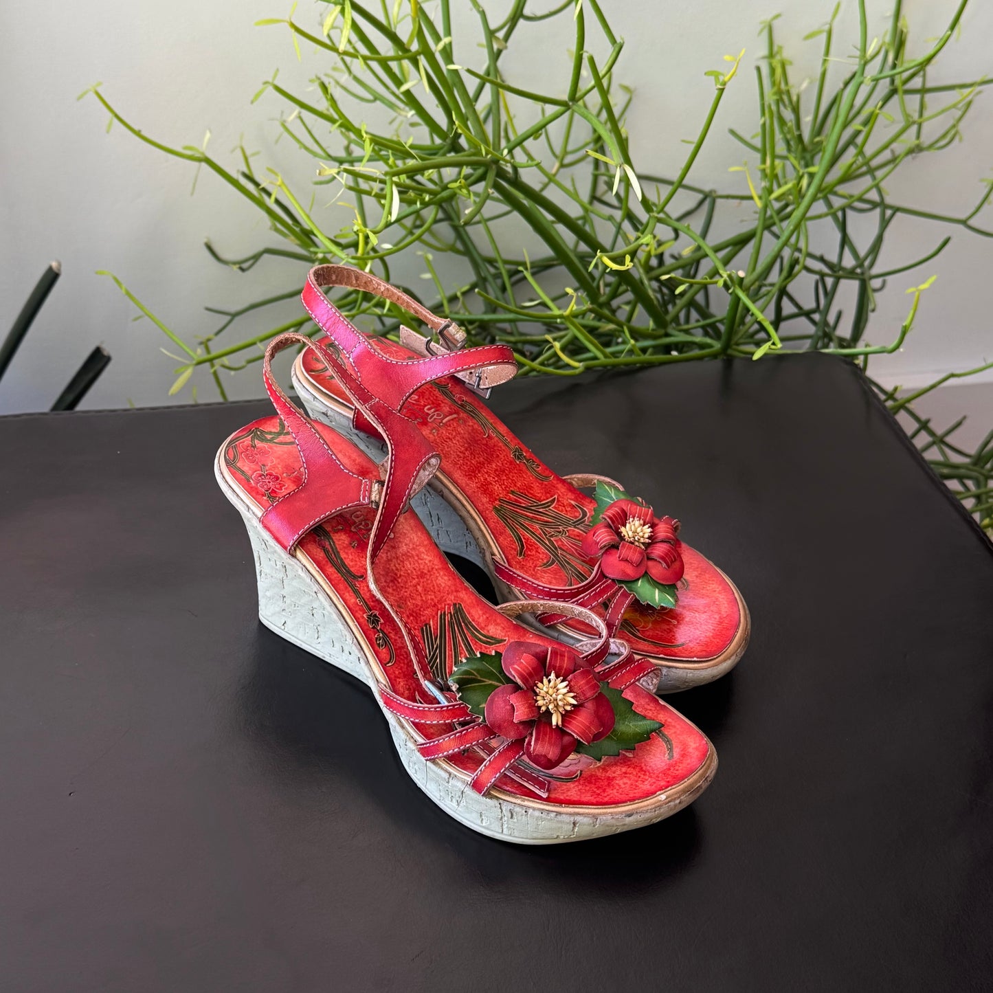 Red Floral Genuine Leather Heeled Sandals