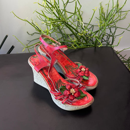 Red Floral Genuine Leather Heeled Sandals