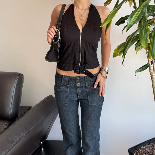 Black Buckle Zip-Up Halter Top