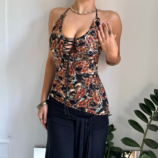Black & Gold Lace-Up Asymmetrical Halter Top