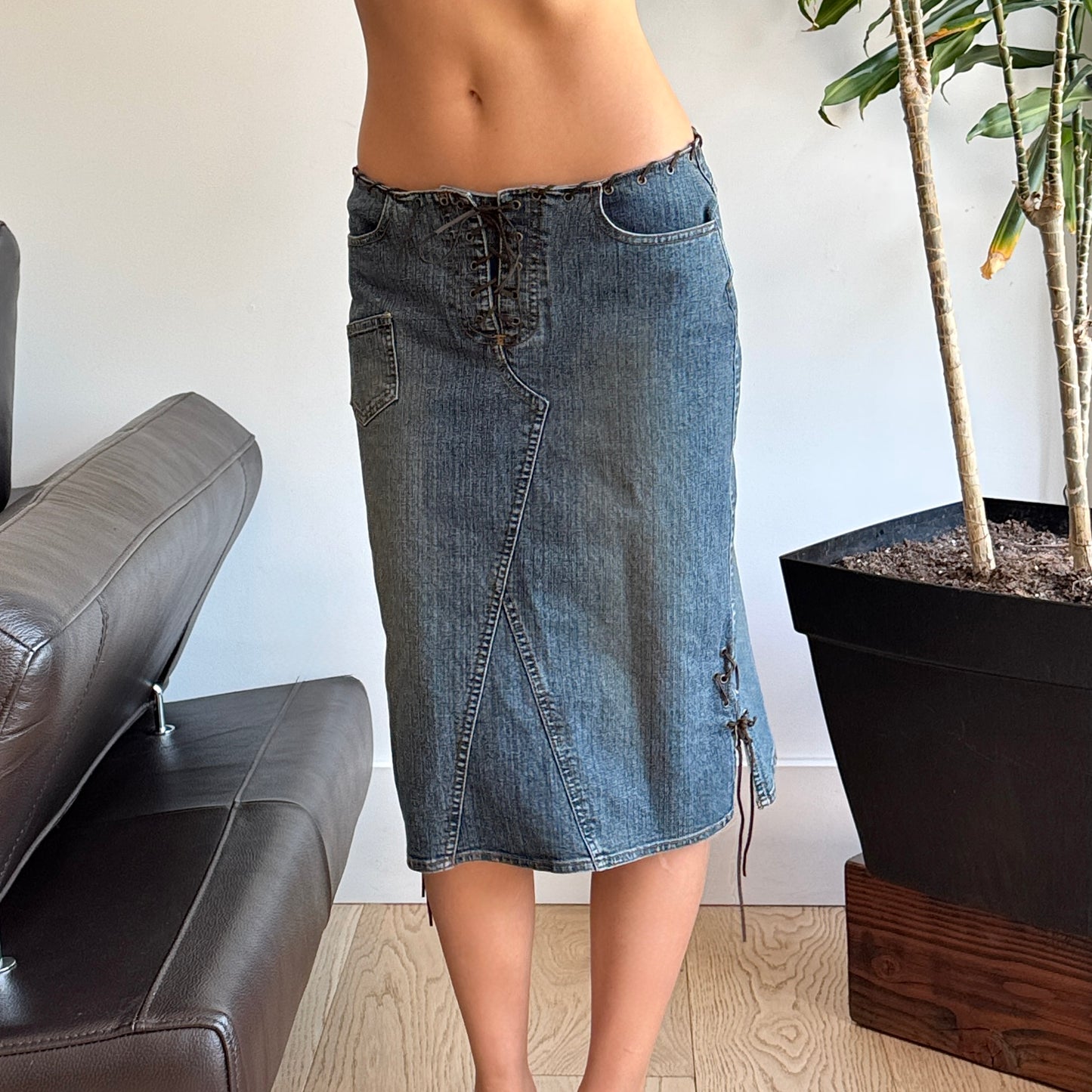 Blue Denim Lace-Up Midi Skirt