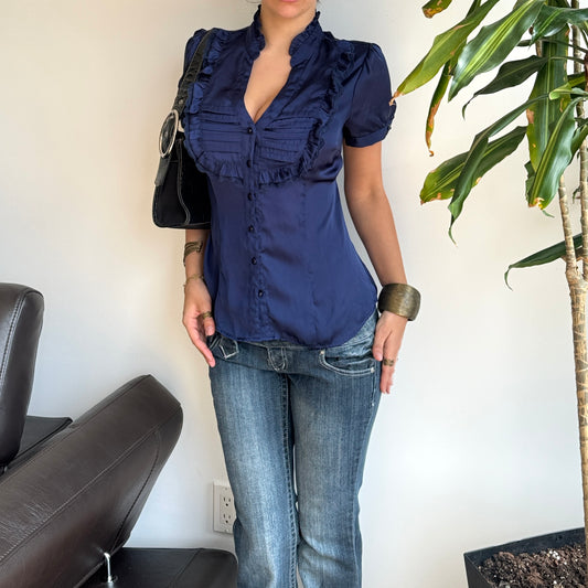 Navy Satin Tie-Up Blouse