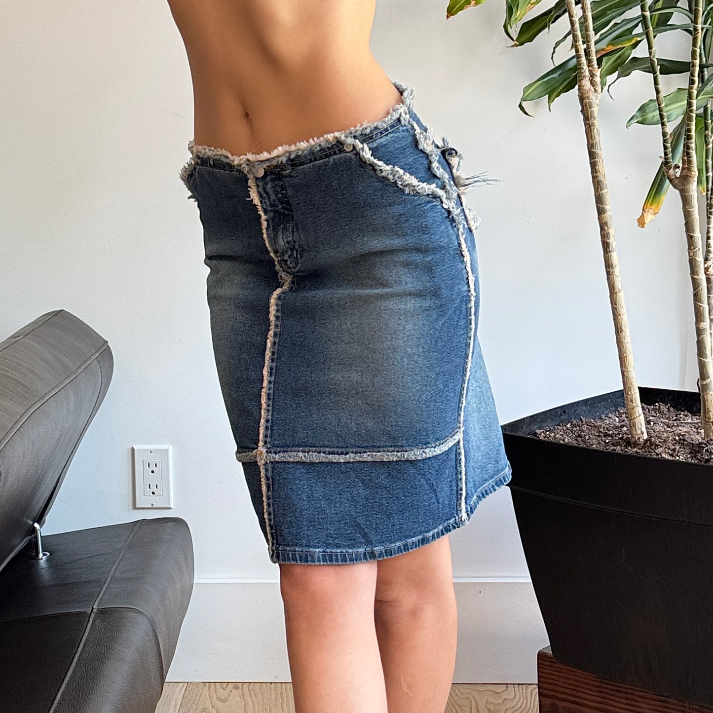 Blue Unique Textured Denim Midi Skirt