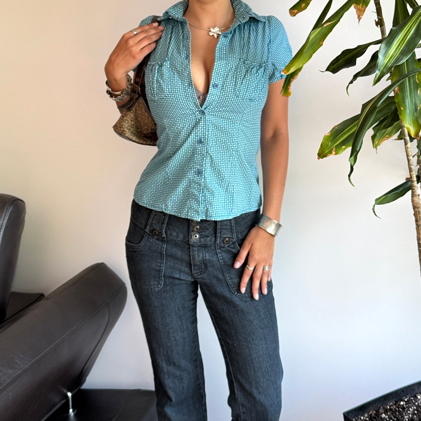Blue Polka Dot Fitted Blouse