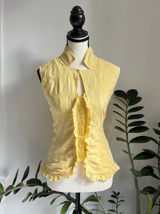Yellow Embroidered Button-Up Reworked Blouse