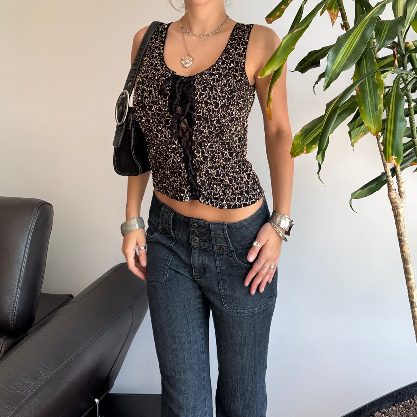 Black & Beige Lace-Up Embroidered Top