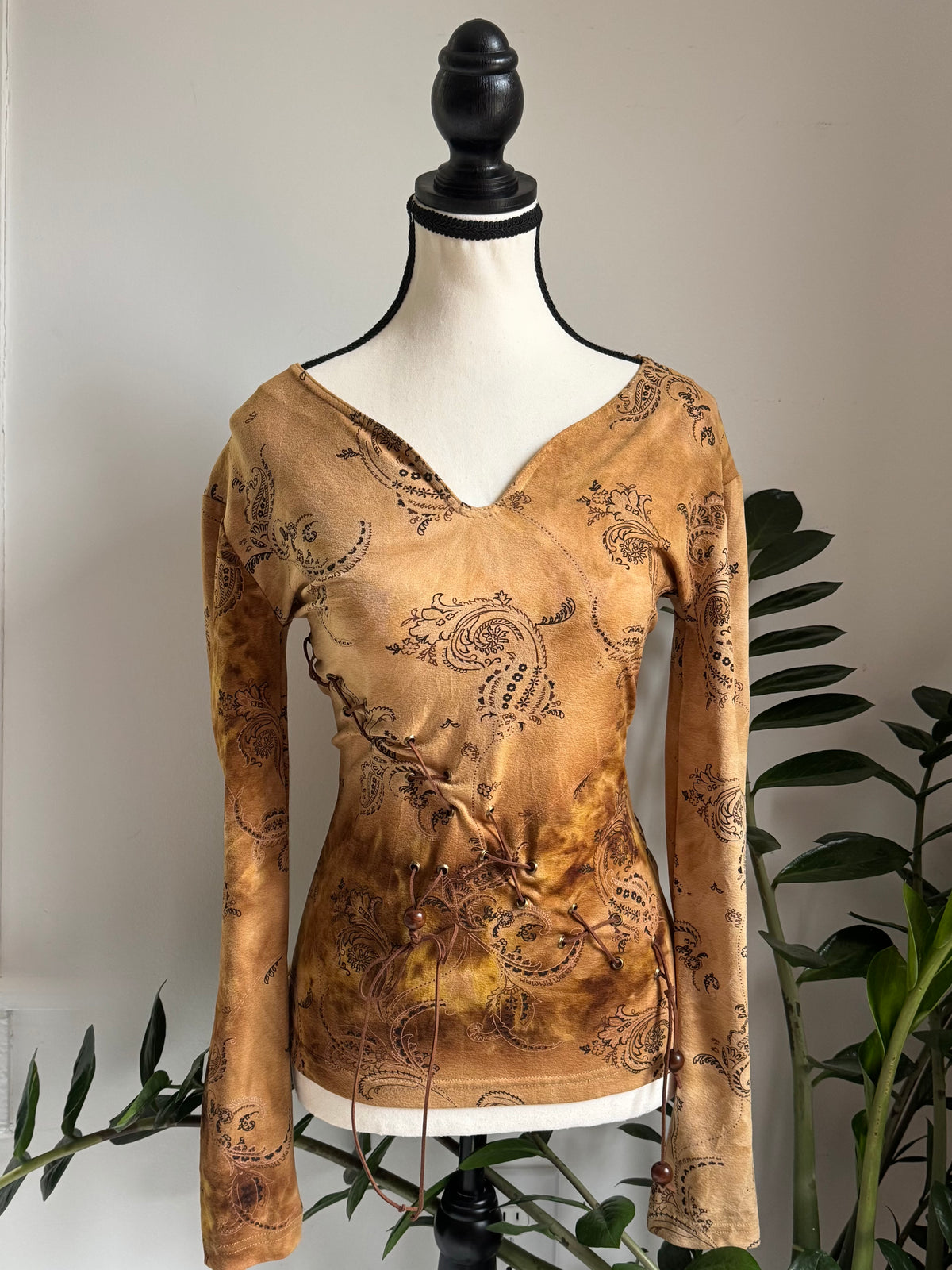 Brown Paisley Lace-Up Reworked Top