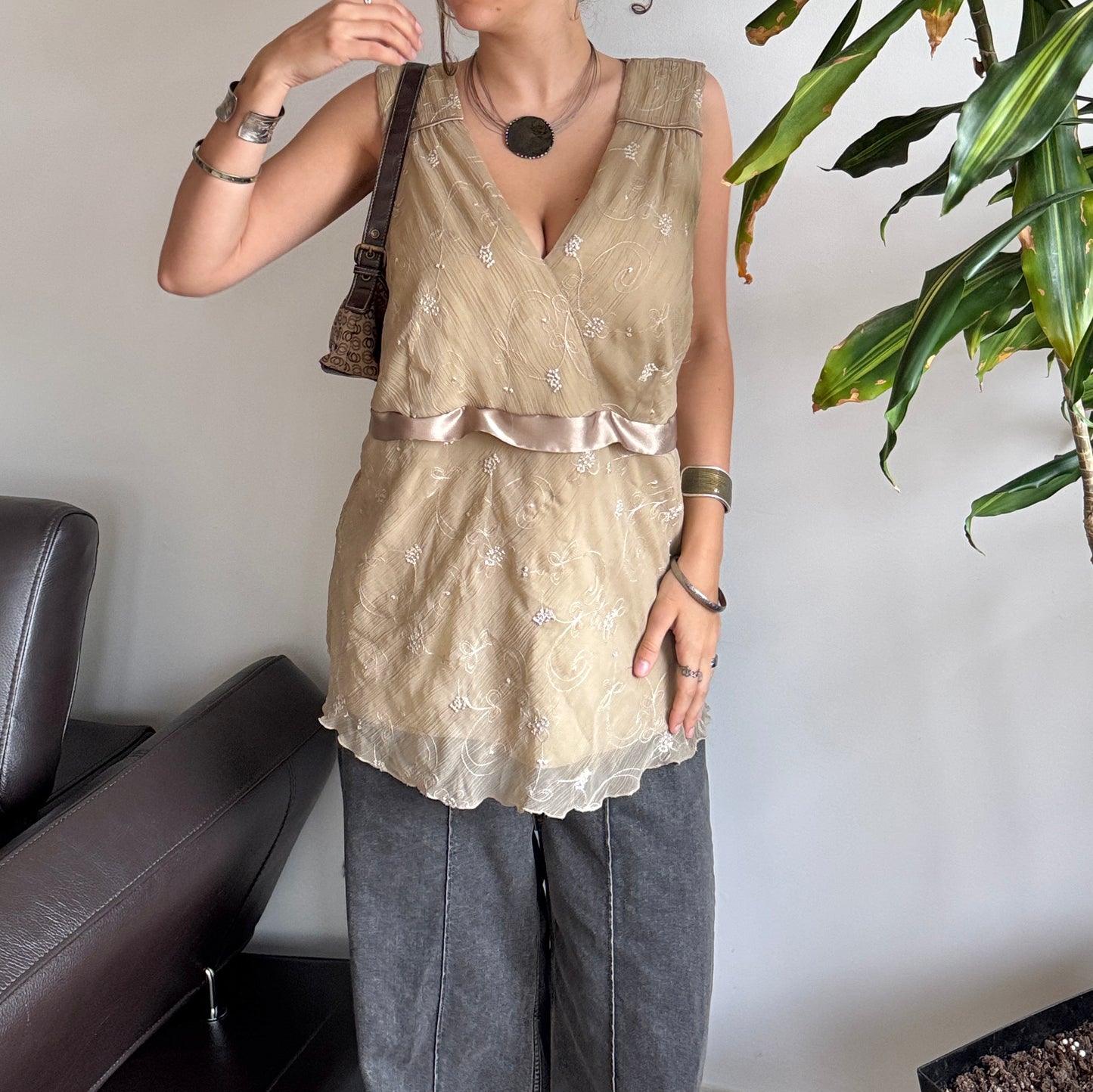 Beige Embroidered Mesh Layered Top