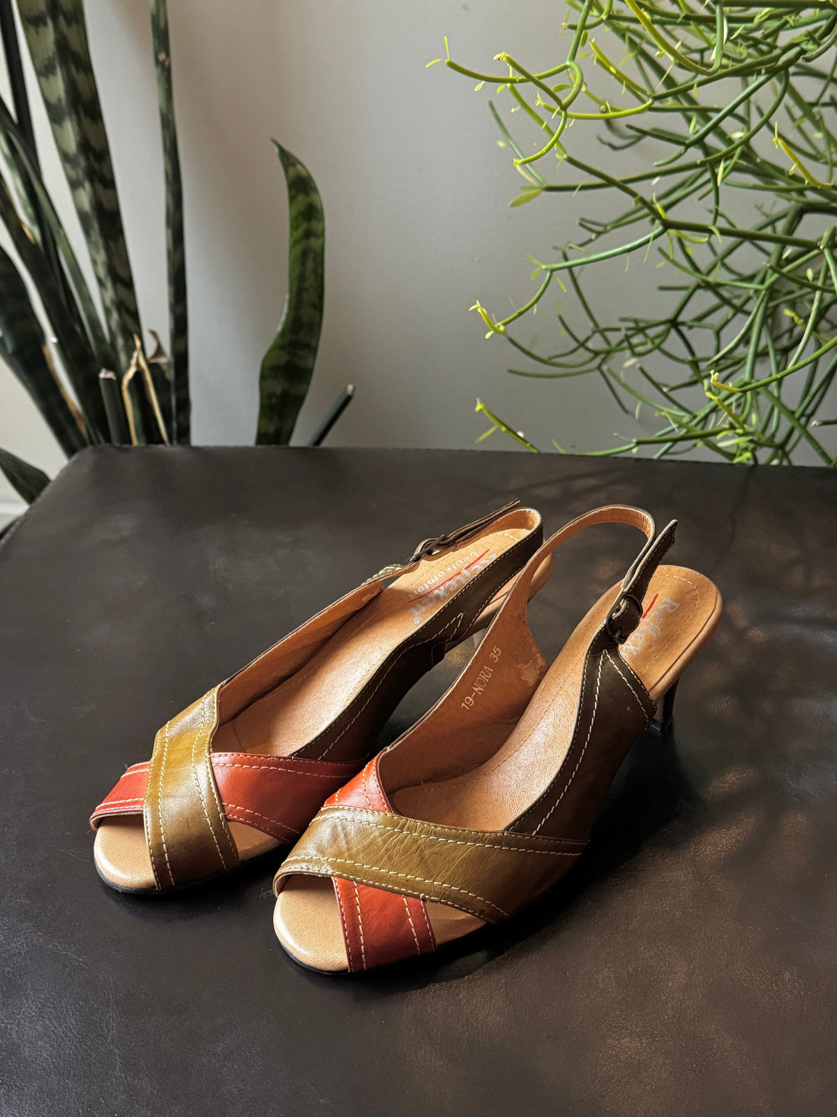 Orange & Green Genuine Leather Kitten Heels