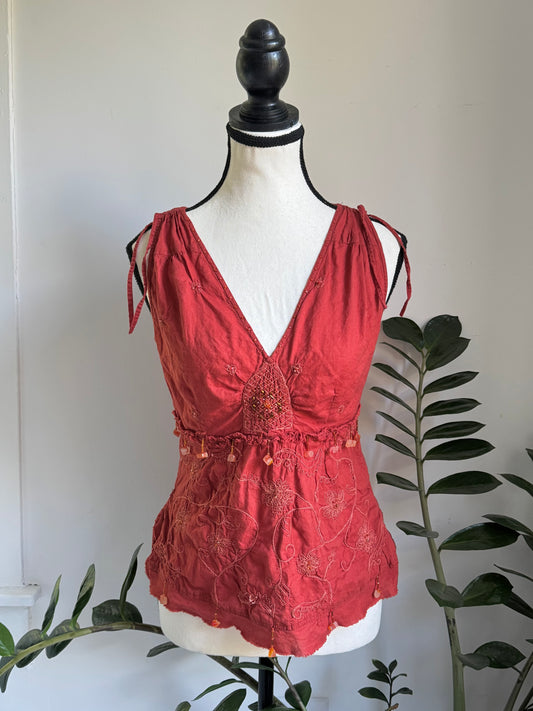 Burnt Orange Beaded Embroidered Top with Stones