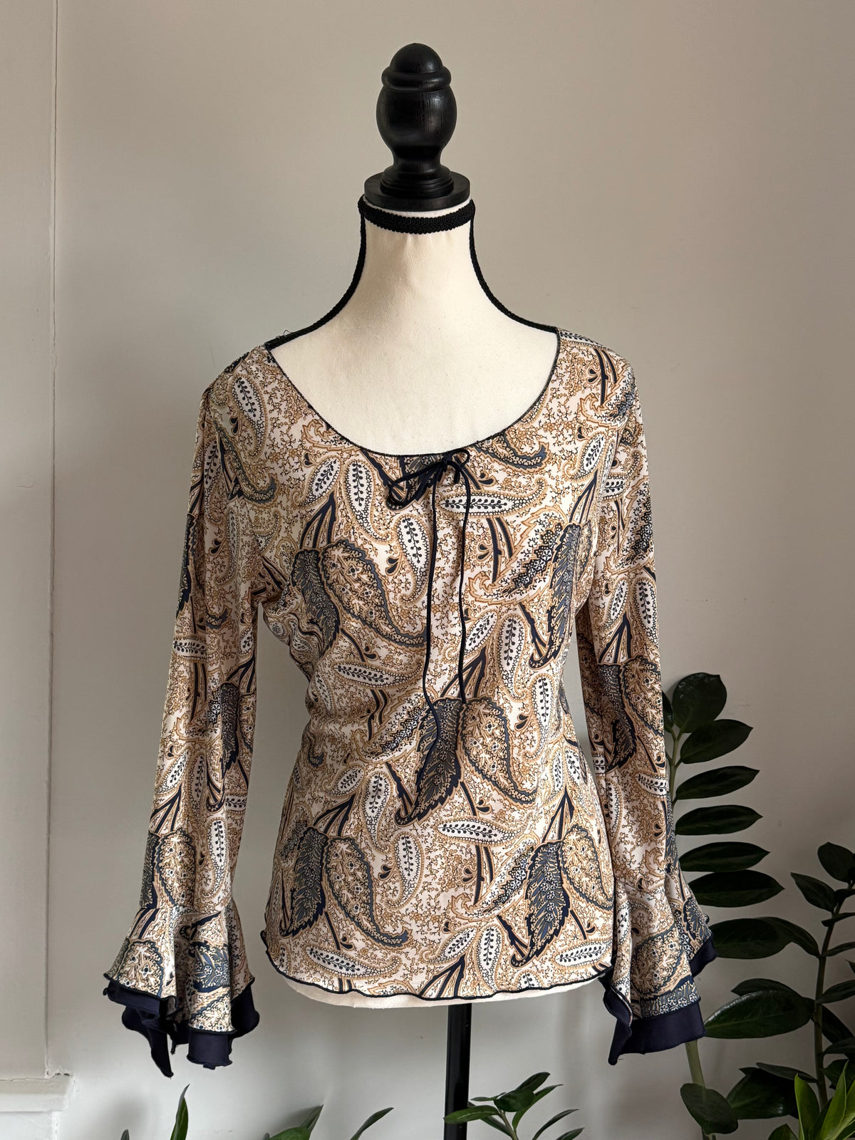 Beige & Navy Bell Sleeve Thrifted Top
